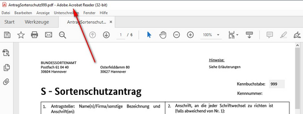 Korrekt geöffnetes Dokument in Adobe Acrobat Reader