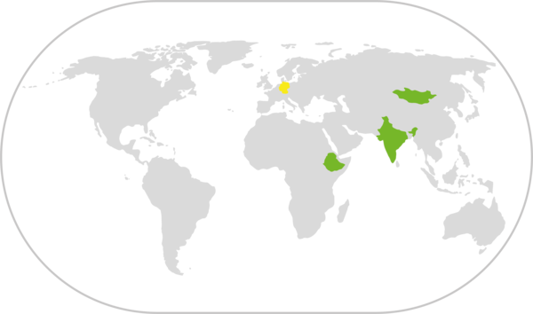 Weltkarte mit den farblich markierten Herkunftsländern der Projektpartner.