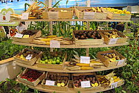 Regal mit &Auml;pfeln, Kartoffeln und Maiskolben