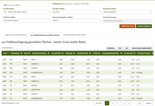 screenshot of search tool of database on seed production